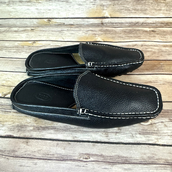 Tod's Womens Black Pebbled Leather Square Toe Slip On Mule Driving Shoes 40/9 - Picture 2 of 9